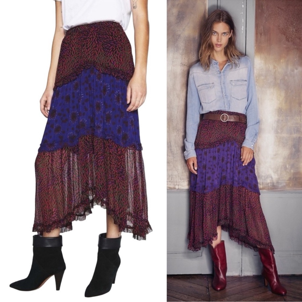 ba&sh Asymmetrical Red and Blue Midi Skirt
